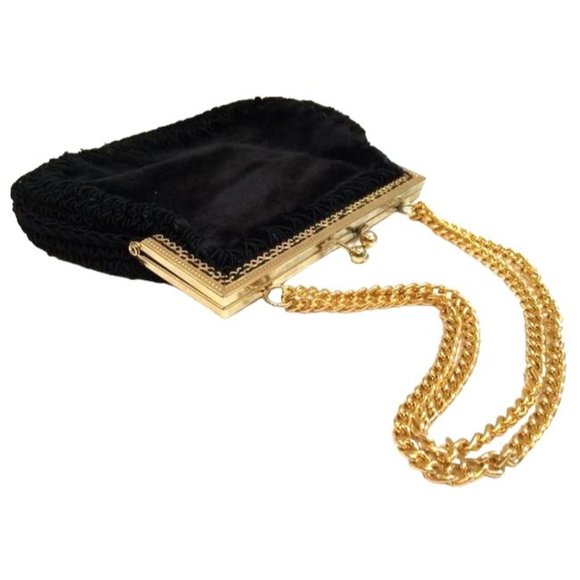 Vintage Velour Black Mini Bag Tapestry Cord Detailining Gold Chain Made in Italy - Picture 1 of 6